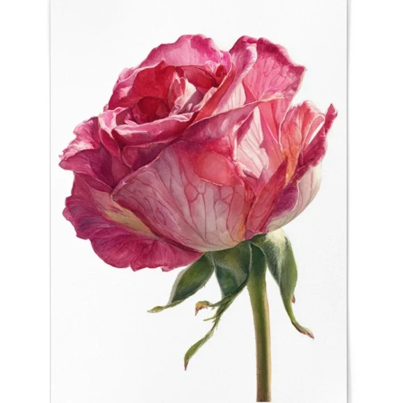 Watercolor Single Pink Rose Wall Art Print, Unframed - Delicate Floral Elegance - Picture 2 of 6